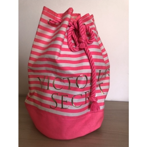 Victoria Secret-Striped & Logo /Rope Handles _Drawstring Tote Bag - Picture 1 of 5